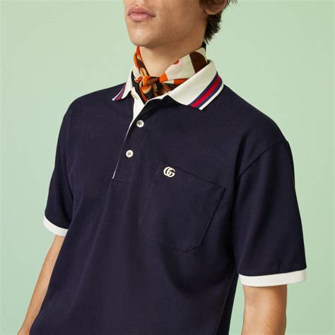 Cotton piquet polo with Double G in navy 